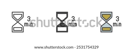 3 minute timer different style icon set. Line, glyph and filled outline colorful version, outline and filled vector sign. Hourglass timer symbol, logo illustration. Vector graphics