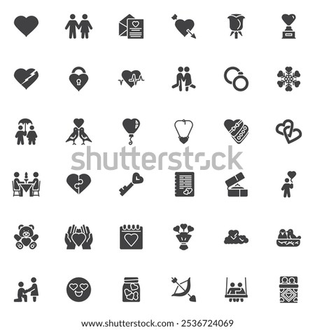 Love and Valentines day vector icons set, modern solid symbol collection, filled style pictogram pack. Signs logo illustration. Set includes icons as Heart shape, Flowers, Cupid Arrow, Engagement ring