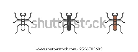 Ant soldier different style icon set. Line, glyph and filled outline colorful version, outline and filled vector sign. Emmet symbol, logo illustration. Vector graphics