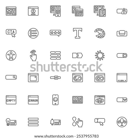 Web UI-UX design line icons set. linear style symbols collection, outline signs pack. Web development vector graphics. Set includes icons as Web browser search bar, User Interface, Navigation Menu