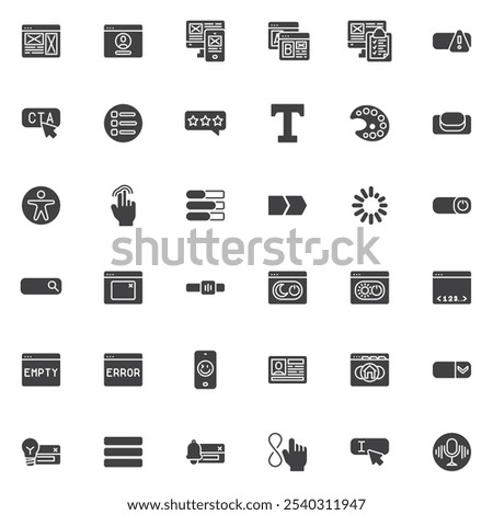 Web development and UI-UX design vector icons set, modern solid symbol collection, filled style pictogram pack. Signs, logo illustration. Set includes icons as Web browser search bar, User Interface