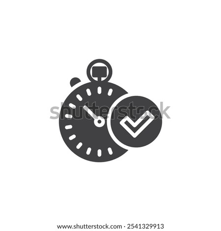 Stopwatch with check mark vector icon. filled flat sign for mobile concept and web design. Time Tracking glyph icon. Productivity symbol, logo illustration. Vector graphics