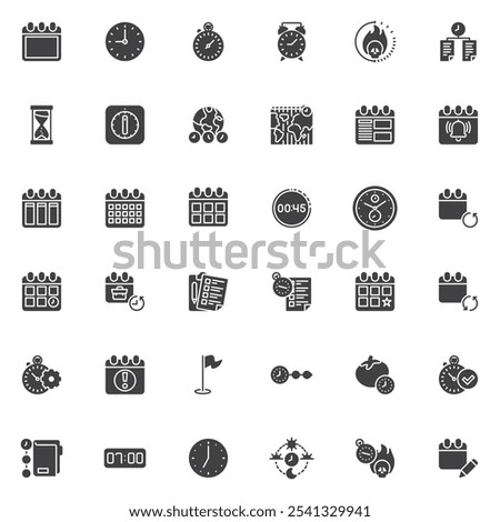 Calendar and clock vector icons set, modern solid symbol collection, filled style pictogram pack. Signs, logo illustration. Set includes icons as calendar planner, stopwatch, deadline clock, hourglass