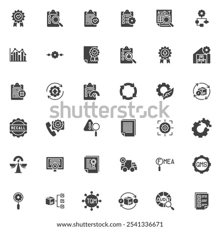 Quality control vector icons set, modern solid symbol collection, filled style pictogram pack. Signs, logo illustration. Set includes icons as inspection, review, product approve, checkmark, assurance