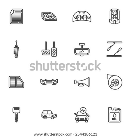 Car service line icons set, outline vector symbol collection, linear style pictogram pack. Signs, logo illustration. Set includes icons as car diagnosis, engine repair, oil change, dashboard, filter