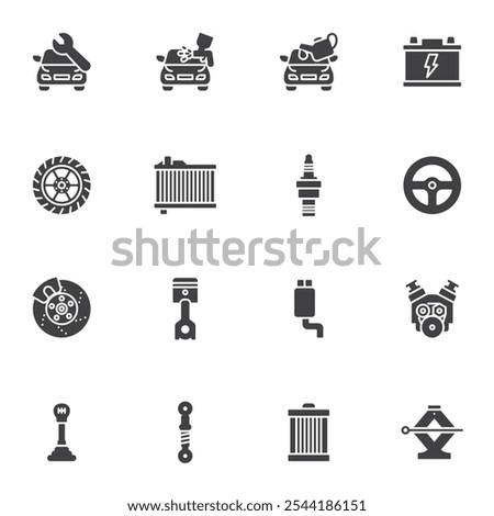 Car repair service vector icons set, modern solid symbol collection, filled style pictogram pack. Signs, logo illustration. Set includes icons as car battery, brake disc, automotive paint, ignition