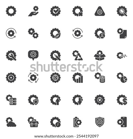 Settings Gear vector icons set, modern solid symbol collection, filled style pictogram pack. Signs, logo illustration. Set includes icons as control, options, adjustments, configuration, optimization