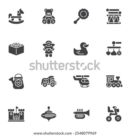 Baby toys vector icons set, modern solid symbol collection, filled style pictogram pack. Signs, logo illustration. Set includes icons as soft bear, doll toy, rocking horse, bicycle, rubber duckling