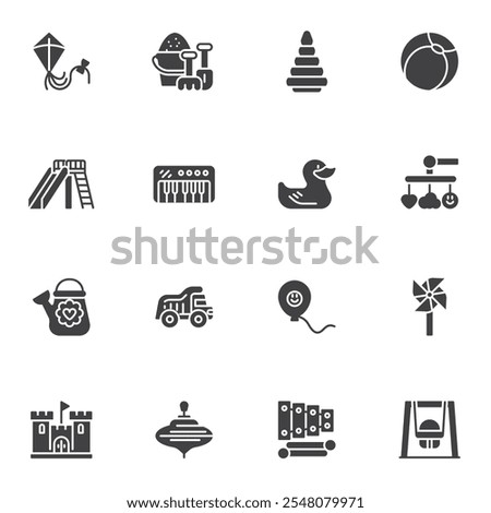 Kids toys vector icons set, modern solid symbol collection, filled style pictogram pack. Signs, logo illustration. Set includes icons as castle, piano, kite, pyramid, truck, sand bucket, baby swing