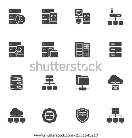 Database and network vector icons set, modern solid symbol collection, filled style pictogram pack. Signs, logo illustration. Set includes icons as server racks, cloud storage, data sharing, database