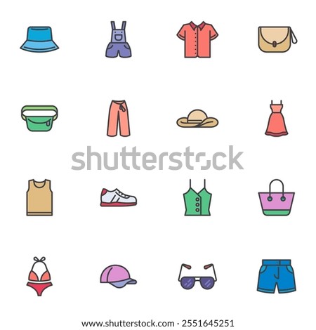 Summer clothes and accessories filled outline icons set, line vector symbol collection, linear colorful pictogram pack. Signs, logo illustration, Set includes icons as handbag, swimsuit, dress, shirt