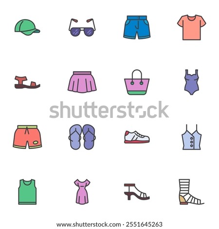 Summer clothing filled outline icons set, line vector symbol collection, linear colorful pictogram pack. Signs, logo illustration, Set includes icons as flip flop, sandal shoes, skirt, dress, handbag