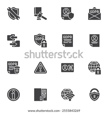 GDPR vector icons set, modern solid symbol collection, filled style pictogram pack. Signs, logo illustration. Set includes icons as Cyber Security, General Data Protection Regulation, Privacy System