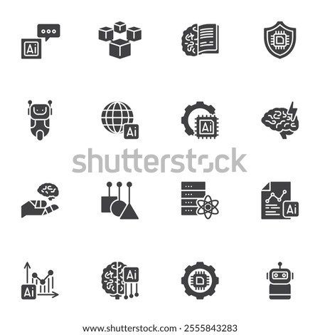 AI technology vector icons set, modern solid symbol collection, filled style pictogram pack. Signs, logo illustration. Set includes icons as artificial intelligence, chatbot robot, brain, engineering