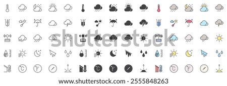 Weather forecast different style icon set. Line, glyph and filled outline colorful version, outline and filled vector sign. Symbol logo illustration. Set include icons as meteorology, sun, cloud, wind