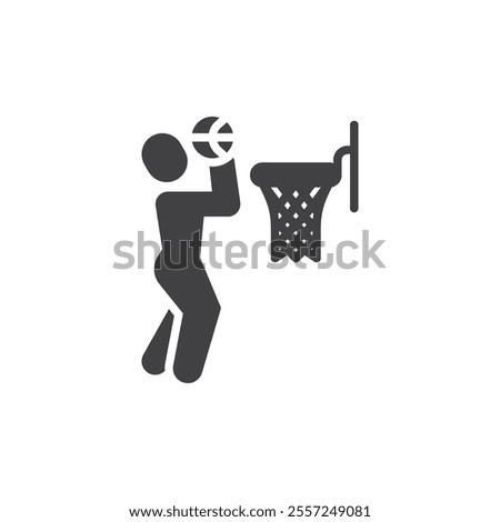 Basketball player slam dunk vector icon. filled flat sign for mobile concept and web design. Basketball jump shot glyph icon. Symbol, logo illustration. Vector graphics