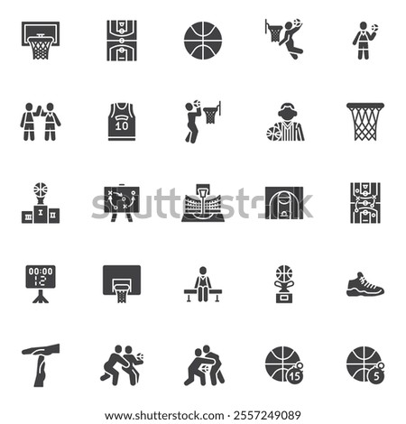 Basketball game vector icons set, modern solid symbol collection, filled style pictogram pack. Signs, logo illustration. Set includes icons as Hoop, Ball, Court, Slam Dunk, Jersey, Referee, Strategy 