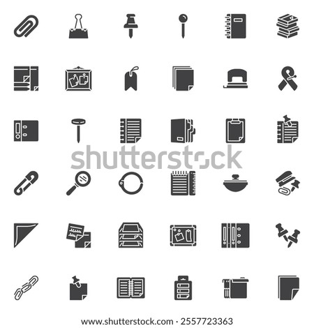 Office supplies vector icons set, modern solid symbol collection, filled style pictogram pack. Signs, logo illustration. Set includes icons as stationery tools, sticky note papers, push pin, binder