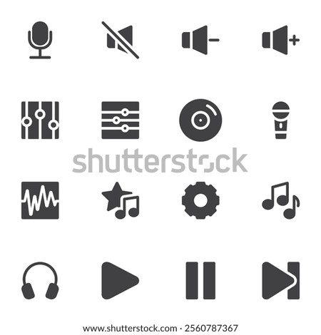 Audio video interface vector icons set, modern solid symbol collection, filled style pictogram pack. Signs, logo illustration. Set includes icons as media player interface, play button, equalizer