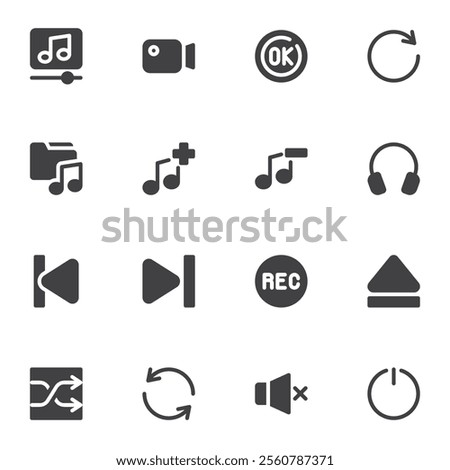 Media player interface vector icons set, modern solid symbol collection, filled style pictogram pack. Signs, logo illustration. Set includes icons as music play button, video record, headphones