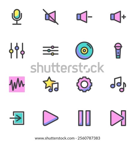 Audio video interface filled outline icons set, line vector symbol collection, linear colorful pictogram pack. Signs, logo illustration, Set includes icons as media player interface, button, equalizer