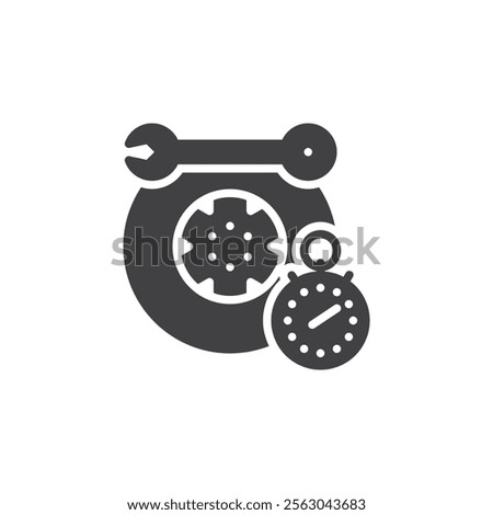 A wrench and tire with a stopwatch vector icon. filled flat sign for mobile concept and web design. Pit Stop glyph icon. Quick repair symbol, logo illustration. Vector graphics