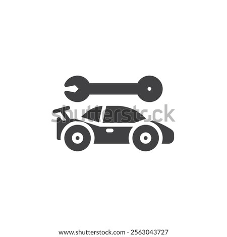 Racing car and wrench vector icon. filled flat sign for mobile concept and web design. Pit Lane glyph icon. Pit stop symbol, logo illustration. Vector graphics