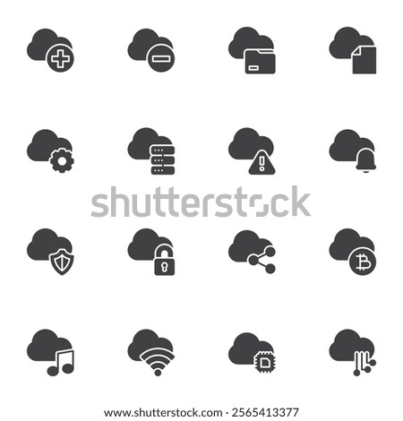 Cloud computing vector icons set, modern solid symbol collection, filled style pictogram pack. Signs, logo illustration. Set includes icons as cloud computing service, database server, document folder