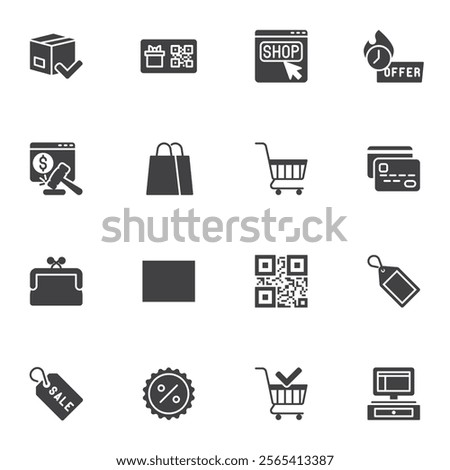 E-commerce, online shopping vector icons set, modern solid symbol collection, filled style pictogram pack. Signs, logo illustration. Set includes icons as shopping cart, payment, delivery service