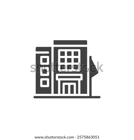 A small office building with a flag vector icon. filled flat sign for mobile concept and web design. Consulate Office glyph icon. Symbol, logo illustration. Vector graphics