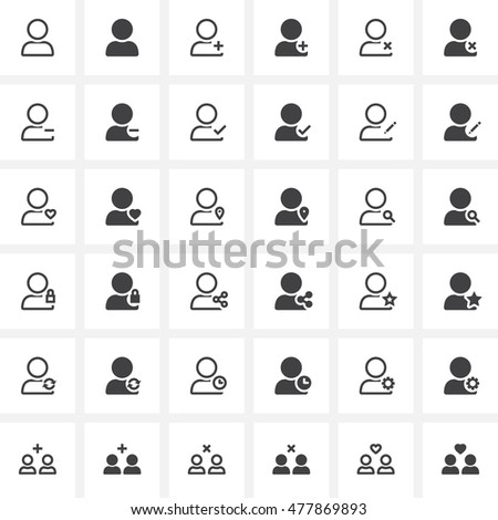 User account line and full icons set, outline and solid vector symbol collection, linear pictogram pack isolated on white for web and mobile. Add, delete, settings, history, favorite, search symbols