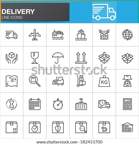 Delivery and logistics line icons set, outline vector symbol collection, linear style pictogram pack. Signs, logo illustration. Set includes icons as shipping, transportation, tracking, parcel, weight
