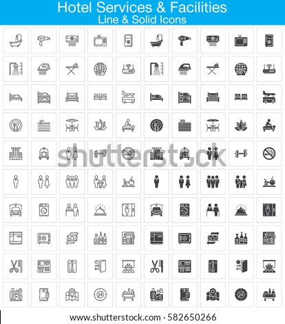 Hotel services and facilities line and solid icons set, outline and filled vector symbol collection, linear and full signs pack. Set includes icons as hotel, bed, reception, safe, tv, pool, key, map