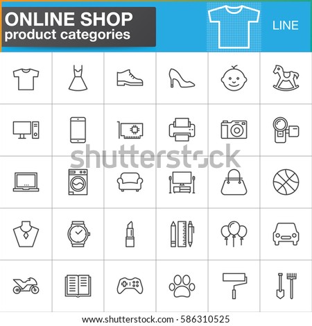 Online shopping product categories line icons set, outline vector symbol collection, linear style pictogram pack. Signs, logo illustration. Set includes icons as clothes, shoes, computer, electronics