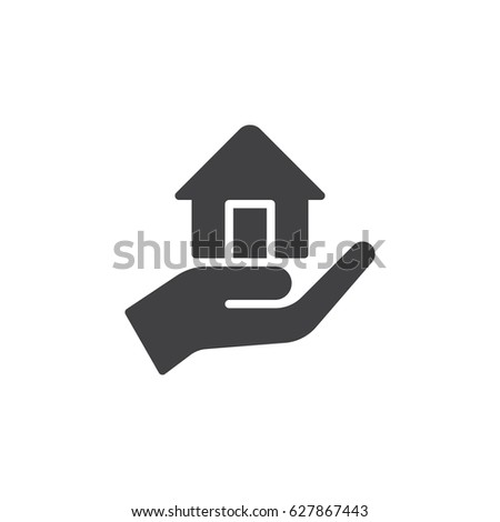 Hand holding up house icon vector, filled flat sign, solid pictogram isolated on white. Mortgage symbol, logo illustration. Pixel perfect