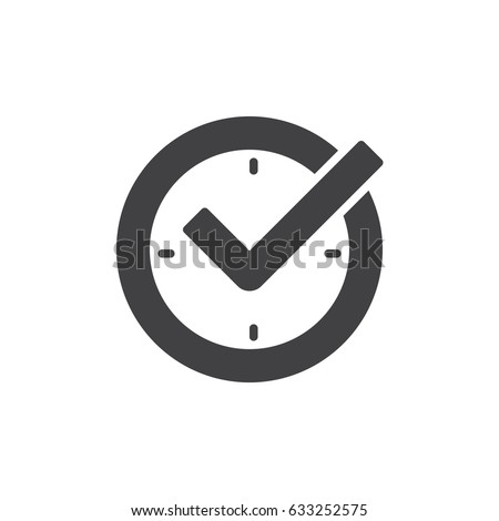 Check mark on clock, real time protection icon vector, filled flat sign, glyph style pictogram isolated on white. Symbol, logo illustration. Pixel perfect