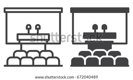 Conference room icon, line and solid version, outline and filled vector sign, linear and full pictogram isolated on white. Speaker podium symbol, logo illustration