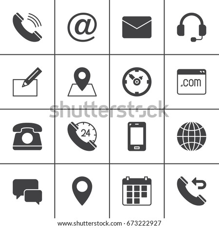 Contact vector icons set, modern solid symbol collection, filled pictogram pack. Signs, logo illustration. Set includes icons as map, globe, phone, call, clock, handset, message, email, call back