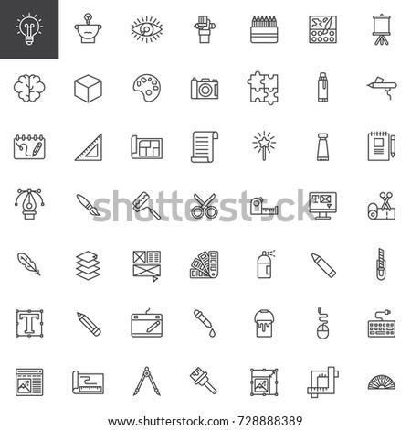 Graphic design tools line icons set, outline vector symbol collection, linear style pictogram pack. Signs, logo illustration. Set includes icons as blueprint, feather, pantone, dropper, web design