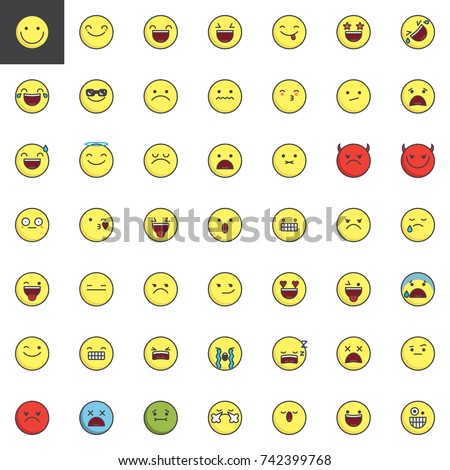 Emoticons, emoji, smiley filled outline icons set, line vector symbol collection, linear colorful pictogram pack isolated on white. Signs, logo illustration, web vector graphics