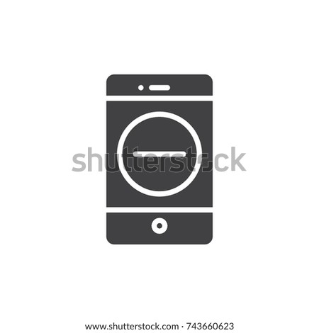 Smartphone with remove button icon vector, filled flat sign, solid pictogram isolated on white. Mobile phone with minus sign symbol, logo illustration.