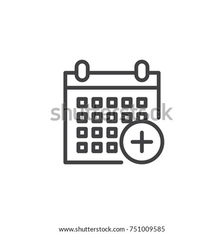Calendar add line icon, outline vector sign, linear style pictogram isolated on white. Holiday event planner with plus symbol, logo illustration. Editable stroke