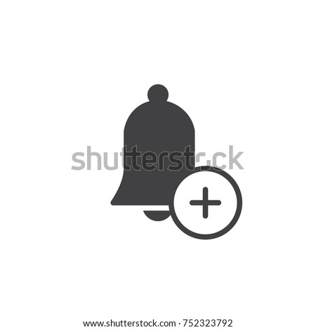 Add reminder icon vector, filled flat sign, solid pictogram isolated on white. Bell with plus symbol, logo illustration.