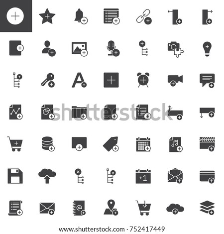 Add applications with plus sign vector icons set, modern solid symbol collection, filled style pictogram pack. Signs, logo illustration. Set includes icons as user, plus, file, document, link, save