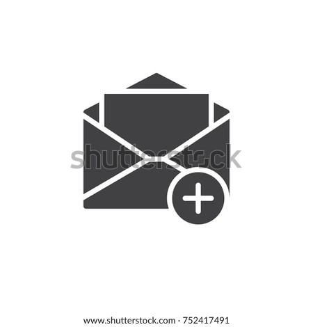 Add mail icon vector, filled flat sign, solid pictogram isolated on white. Open envelope with plus symbol, logo illustration.