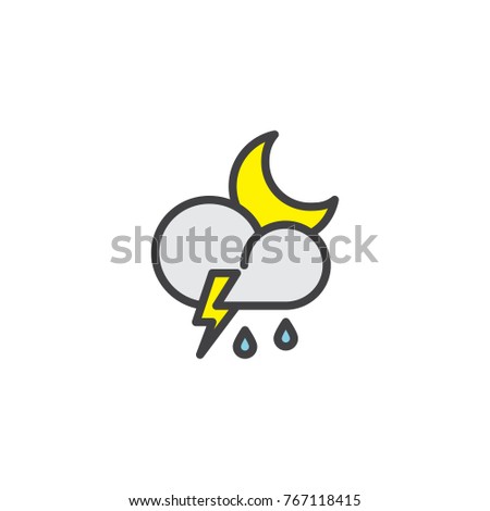 Cloud thunderstorm lightning rain filled outline icon, line vector sign, linear colorful pictogram isolated on white. Night stormy weather symbol, logo illustration. Pixel perfect vector graphics