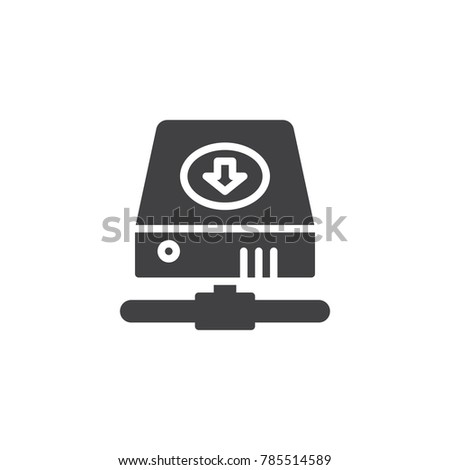 Hard drive with download arrow icon vector, filled flat sign, solid pictogram isolated on white. Symbol, logo illustration.