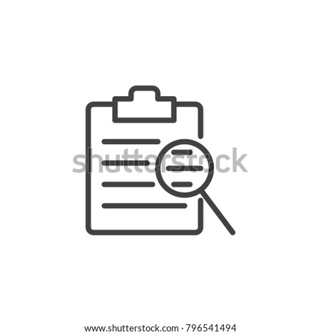Clipboard checklist and magnifying glass line icon, outline vector sign, linear style pictogram isolated on white. Search document file symbol, logo illustration. Editable stroke