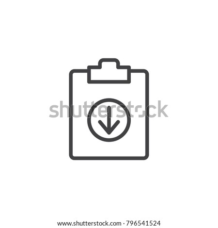 Download document file line icon, outline vector sign, linear style pictogram isolated on white. Clipboard with arrow down symbol, logo illustration. Editable stroke
