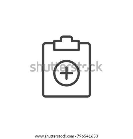 Add document file line icon, outline vector sign, linear style pictogram isolated on white. Clipboard with plus symbol, logo illustration. Editable stroke